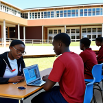 **Prompt:** University of Eswatini campus, students attending a lecture using laptops, modern library in background, showcasing digital transformation in education, diverse student body, sunny day.