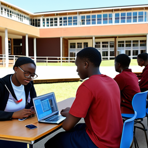 **Prompt:** University of Eswatini campus, students attending a lecture using laptops, modern library in background, showcasing digital transformation in education, diverse student body, sunny day.