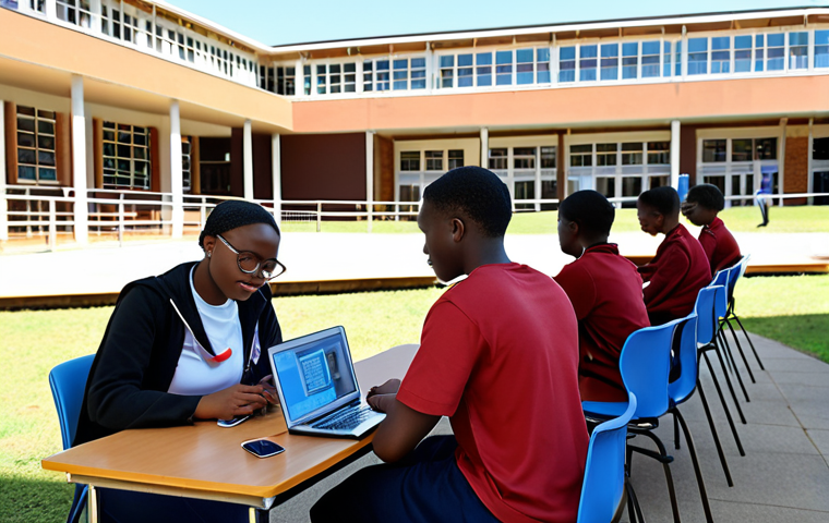 **Prompt:** University of Eswatini campus, students attending a lecture using laptops, modern library in background, showcasing digital transformation in education, diverse student body, sunny day.