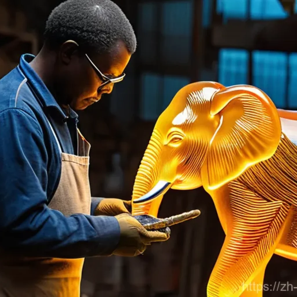 에스와티니에서 예술 갤러리 방문하기 - **A master glassblower at the Ngwenya Glass Factory in Eswatini, meticulously shaping a vibrant, rec...