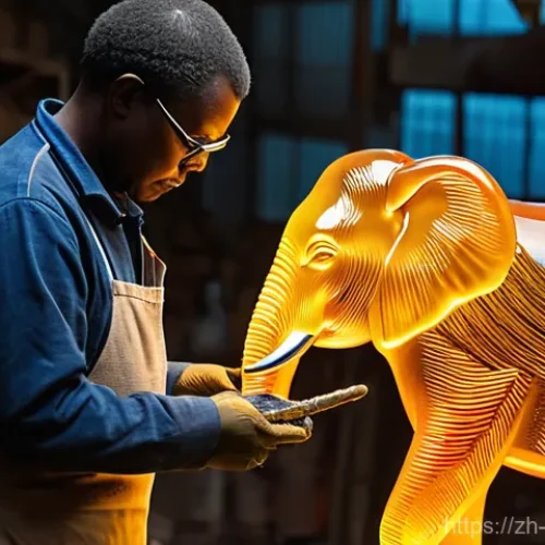 에스와티니에서 예술 갤러리 방문하기 - **A master glassblower at the Ngwenya Glass Factory in Eswatini, meticulously shaping a vibrant, rec...