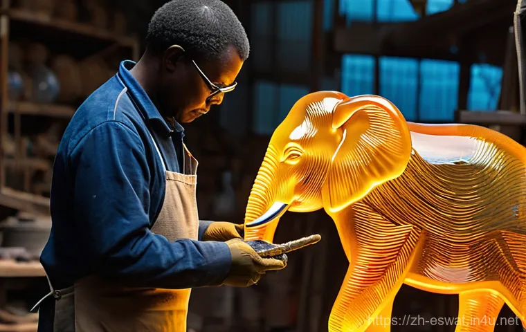 에스와티니에서 예술 갤러리 방문하기 - **A master glassblower at the Ngwenya Glass Factory in Eswatini, meticulously shaping a vibrant, rec...
