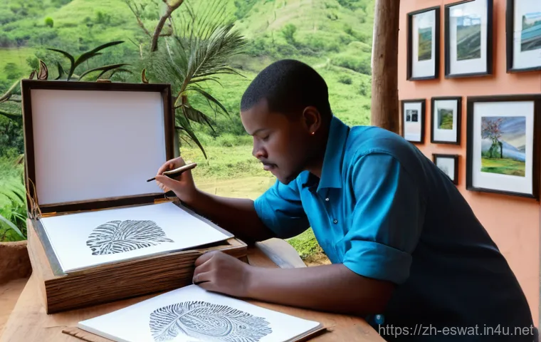 에스와티니에서 예술 갤러리 방문하기 - **An Eswatini woman, gracefully seated, diligently hand-stitching intricate patterns onto a piece of... 에스와티니에서 예술 갤러리 방문하기 - **An Eswatini woman, gracefully seated, diligently hand-stitching intricate patterns onto a piece of...