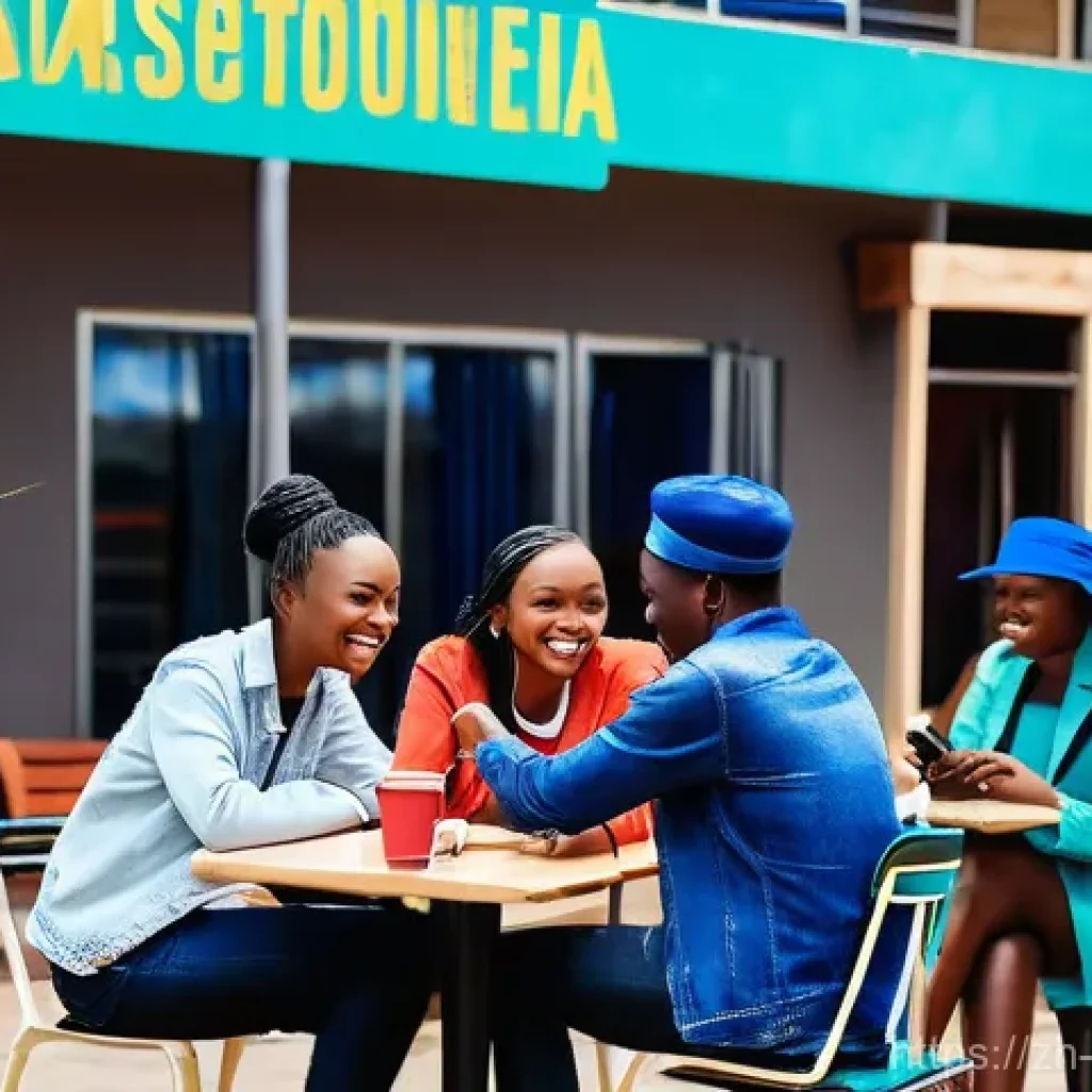 에스와티니에서의 인터넷과 통신 - **Prompt: "A vibrant scene at a modern, bustling outdoor cafe in Mbabane, Eswatini. A diverse group ...