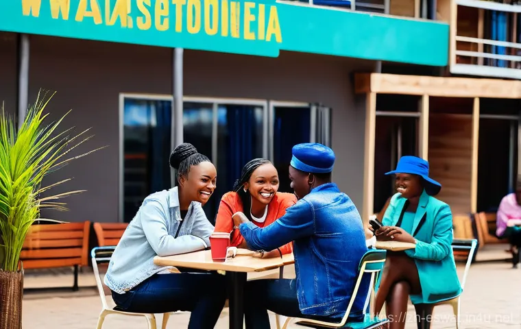 에스와티니에서의 인터넷과 통신 - **Prompt: "A vibrant scene at a modern, bustling outdoor cafe in Mbabane, Eswatini. A diverse group ...